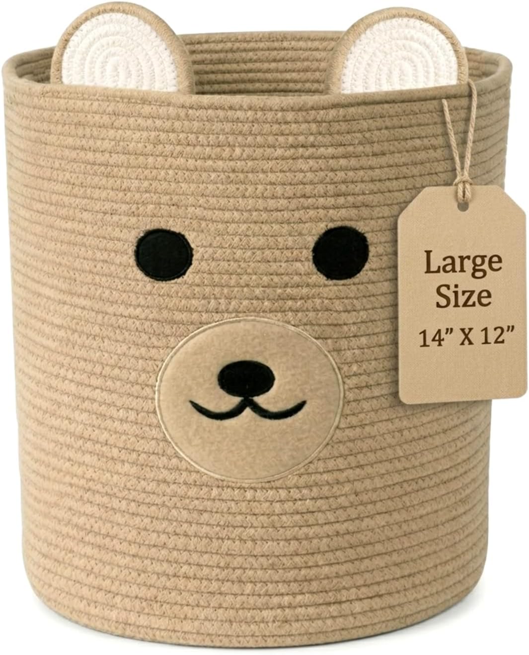 Nursery Storage Basket, 25L Large Woven Cotton Rope Baby Bin with Bear Design, Foldable Washable Laundry Hamper, Kids Room Decor Organizer for Toys, Blankets & Baby Essentials (Brown Bear)