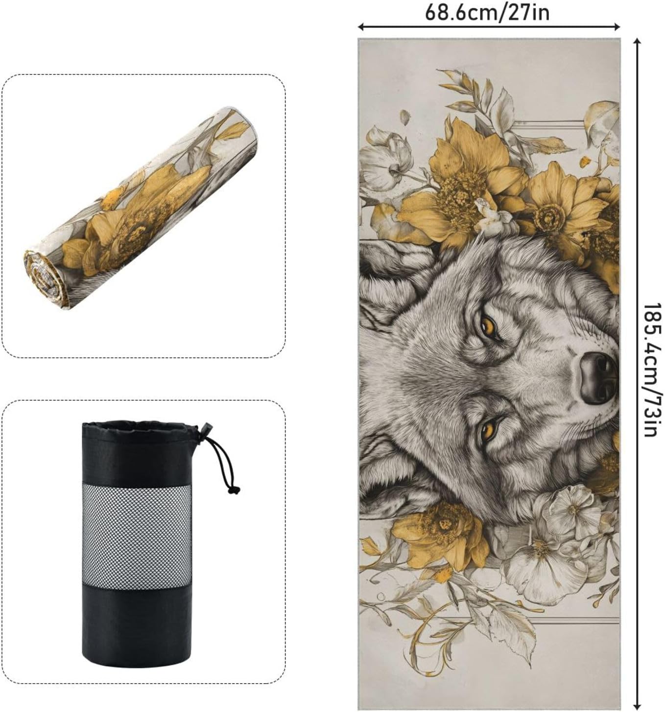 Wolf Floral Hot Yoga Towel – Stylish, Non-Slip, Grip Dots, Super Absorbent, 27" x 73" - Yoga Mat Towels for Exercise, Fitness