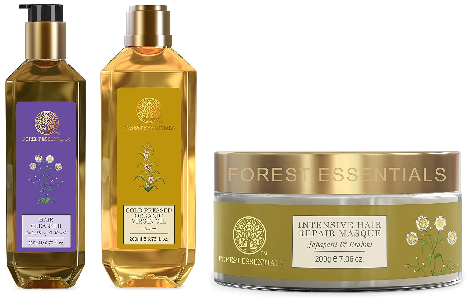 Forest Essentials Organic Cold Pressed Virgin Oil Almond 200ml & Hair Cleanser Amla, Honey & Mulethi 200ml (Shampoo) & Int...