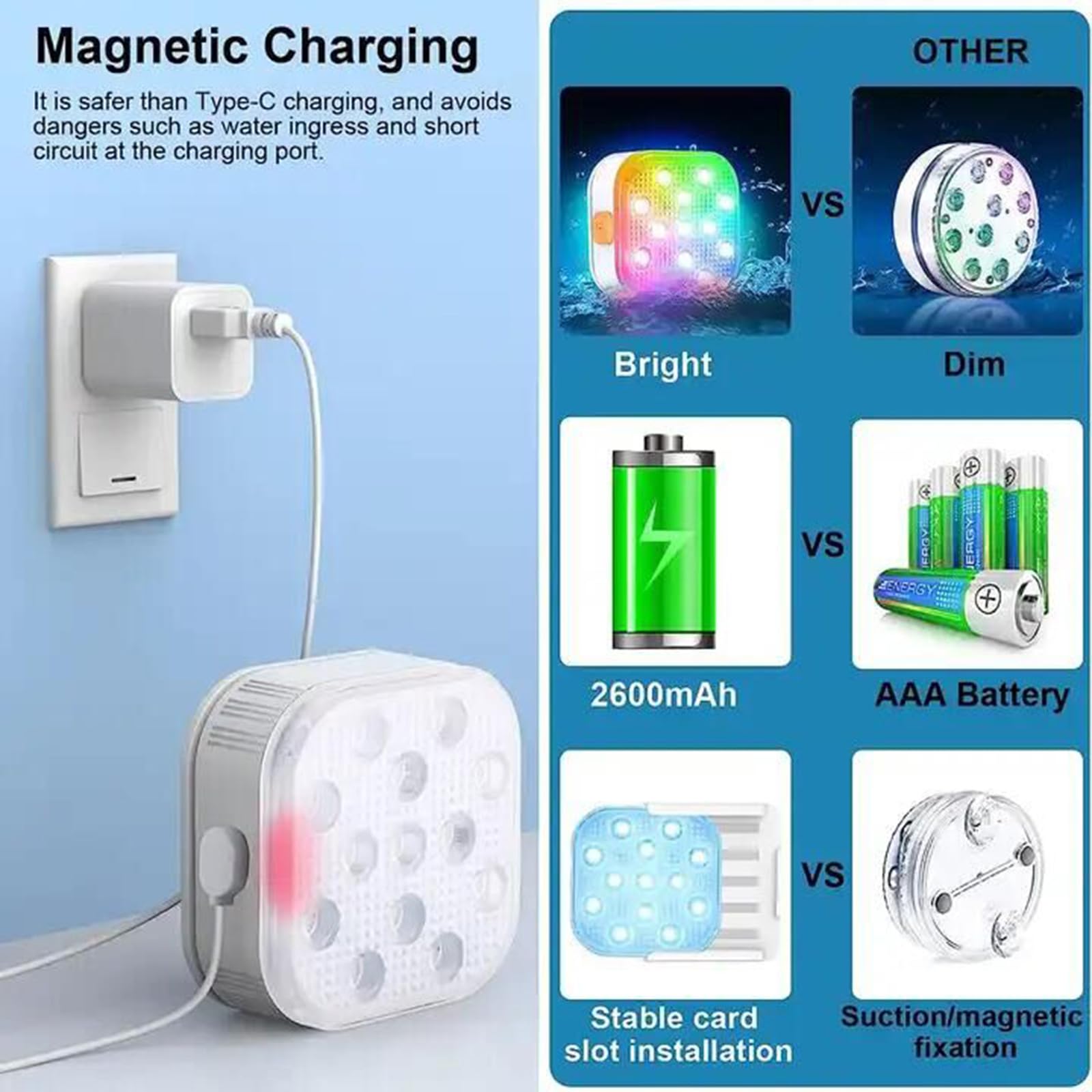 Lampe LED de piscine IP68 étanche à intensité variable avec télécommande, 16 couleurs, 6 modes dynamiques, minuterie 2h/4h/6h, chargement magnétique