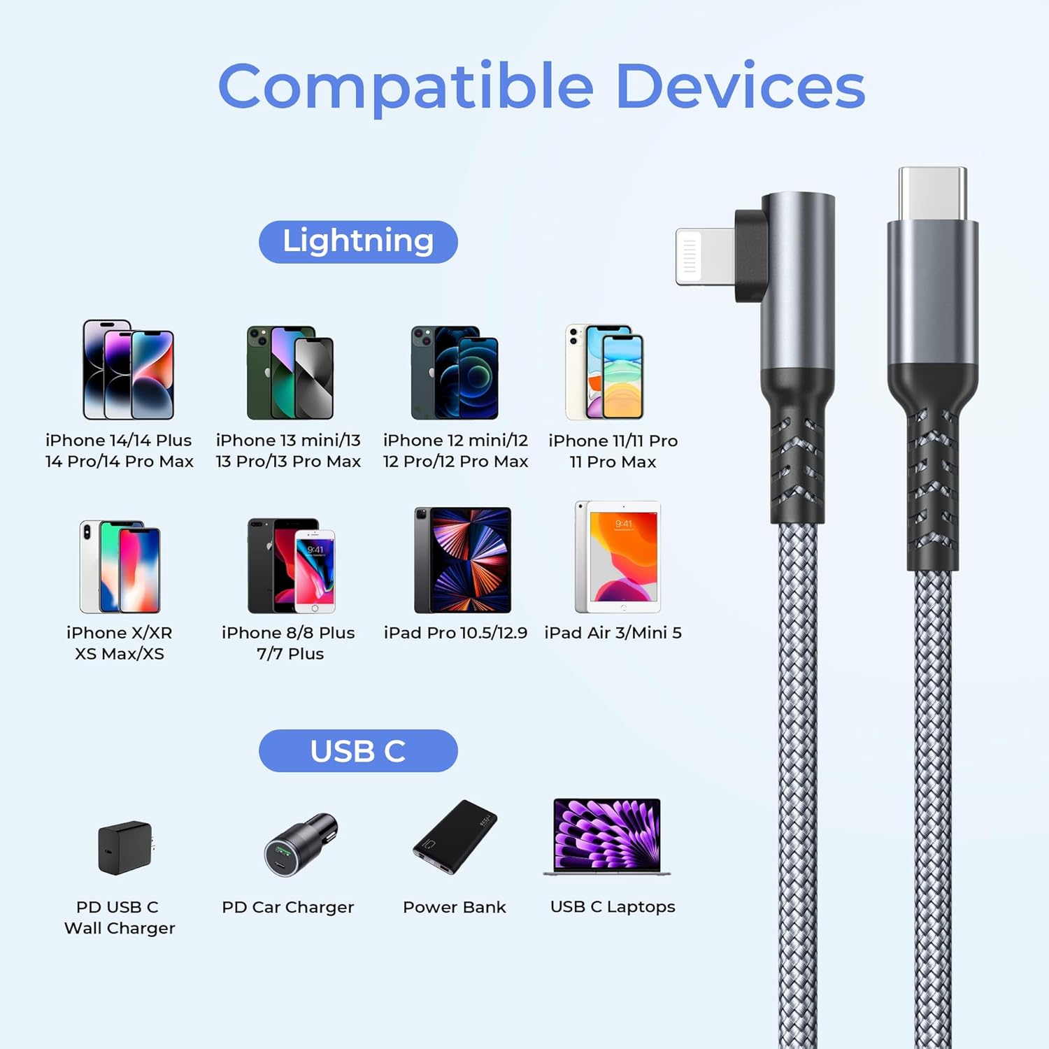 Basesailor iPhone 14 13 Pro Max Charger Cable Right Angle 10FT,90 Degree USB C to Lightning Cord with USB A Adapter,Fast Car Charging Power Cord for Apple 12 11 Plus XS XR X 8 7 6 Plus 5 SE,iPad 8 9 - Image 7