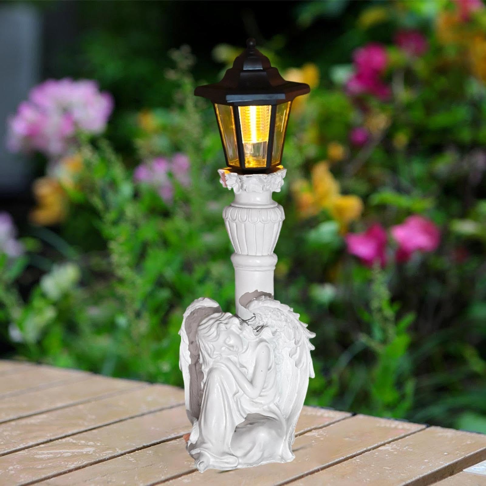 Perfeclan Estatua Ángel de Jardín con Luz Solar Ornamento Escultural Figura Creativa de Resina Lámpara para Exterior Adecuado para Patio Jardín Reuniones al