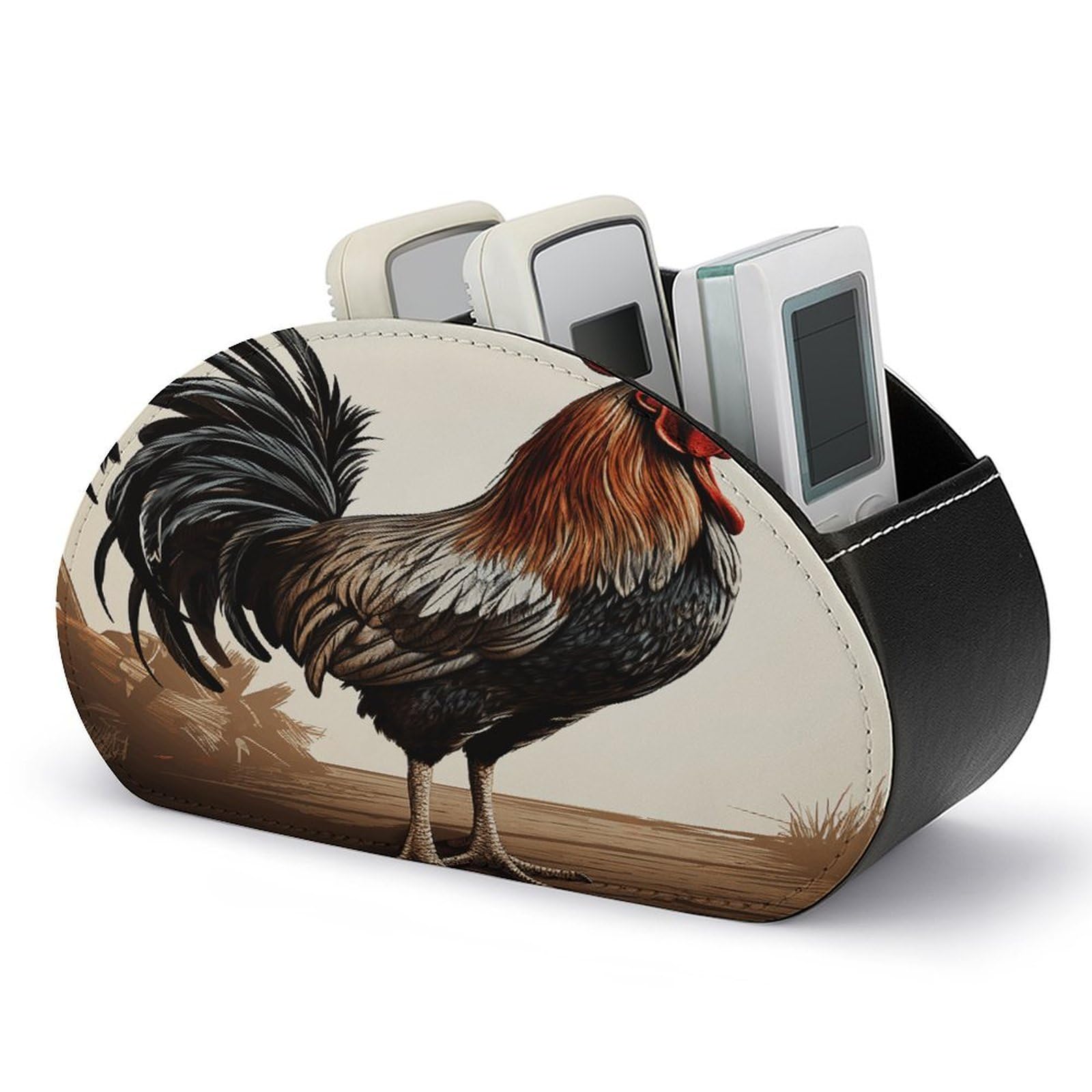 VstaDank Rooster Remote Control Holder Farmhouse TV Media Remote Storage Box with 5 Compartments PU Leather Remote Caddy Desktop Organizer for Home Bedside Table Organizer