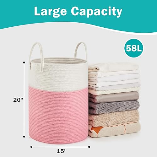 Miniatura 18 de YOUDENOVA Jute Rope Laundry Hamper Basket, 58L Tall Woven Collapsible Baskets for Blanket Organizing Clothes Hamper for Laundry Bedroom Storage