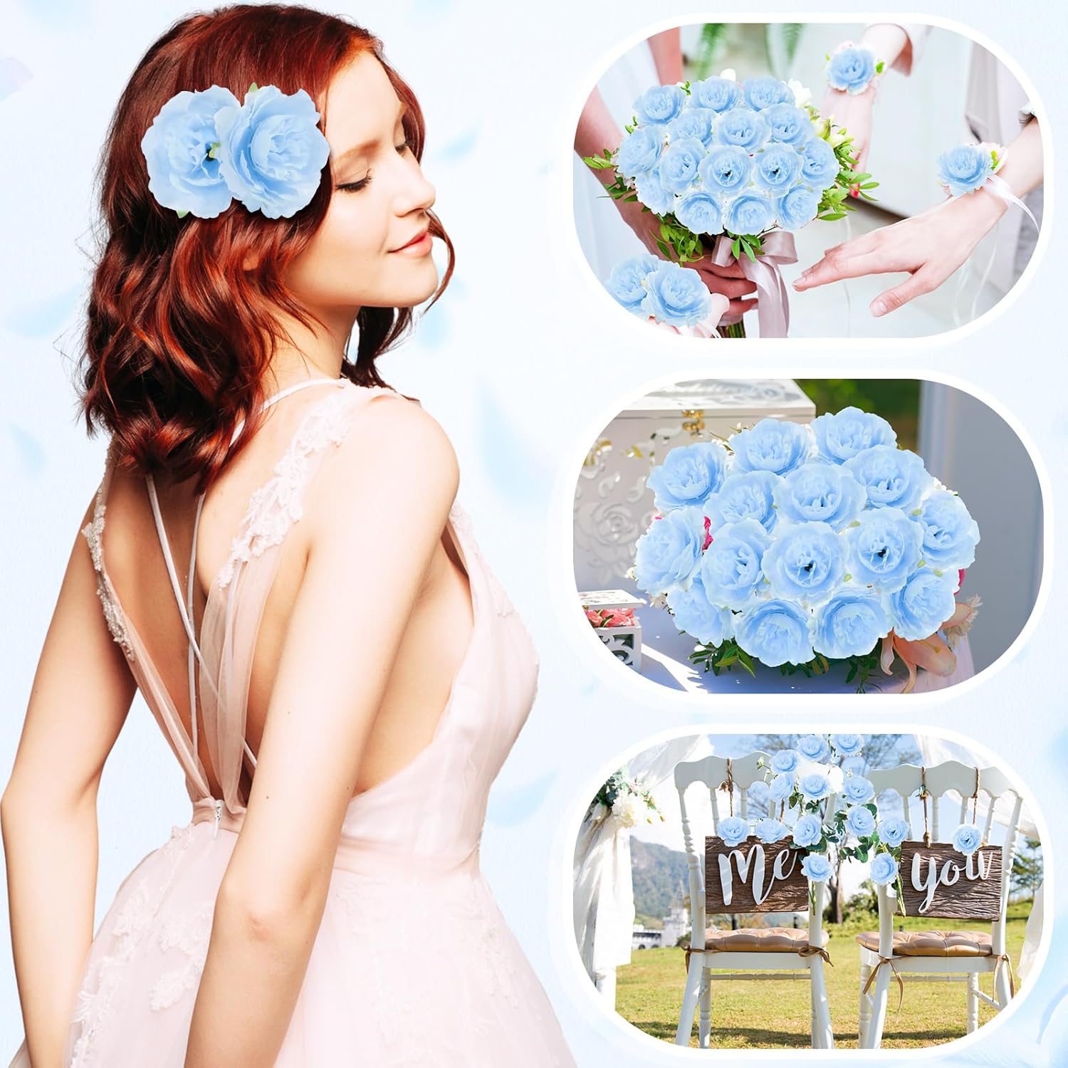 Thiccywoov 50 Pcs Artificial Flowers, 3.2 Inches Silk Rose Head Flowers Fake No Stem for Wedding Bridal Bouquet Home Floral Decor DIY Centerpieces Arrangements Party Tables Decoration(Sky Blue)