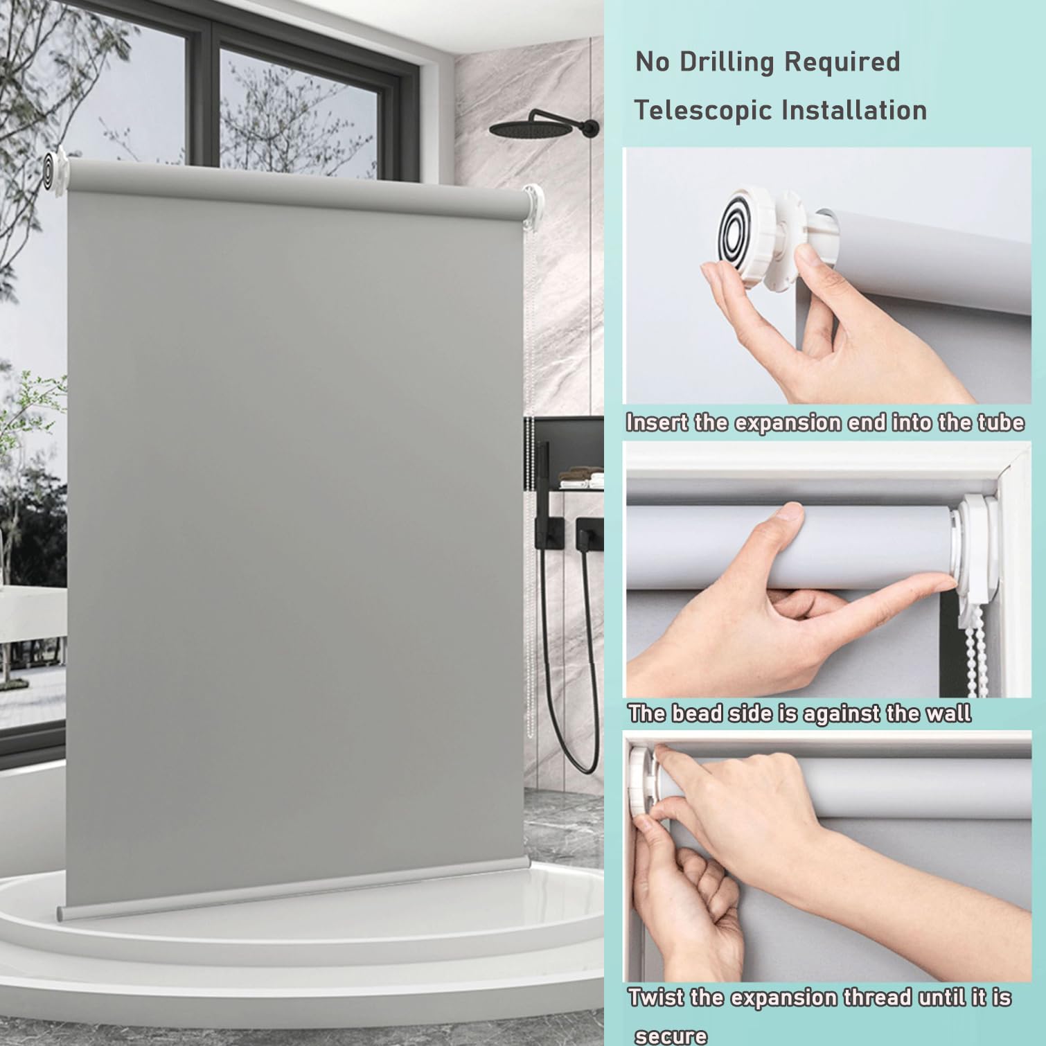 Tenda a rullo oscurante senza foratura, tende a rullo in tessuto impermeabile grigio, isolamento termico, protezione UV, per casa, ufficio, bagno, facile da installare, personalizzata, larghezza x alt