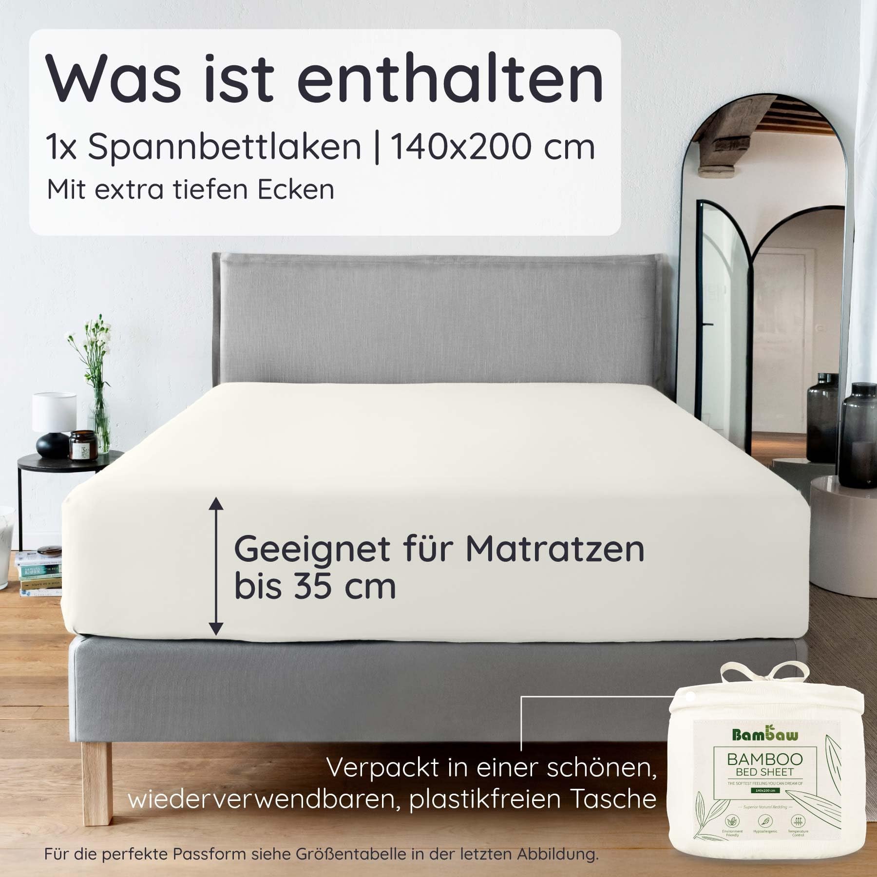 Bambaw Spannbettlaken Bambus 140x200cm 35 cm Steghöhe kühlende Sommer Bettlaken temperaturregulierende Bettwäsche