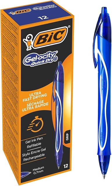 BIC Gel-ocity Quick Dry, Ultra Fast Drying Refillable Gel Ink Pens with Full Grip Barrel, in Blue, Pack of 12