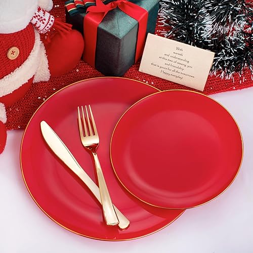 Miniatura 5 de PULOTE 100 platos rojos de plástico  Platos rojos resistentes para fiestas  Los platos desechables rojos incluyen 50 platos llanos rojos de 10.25