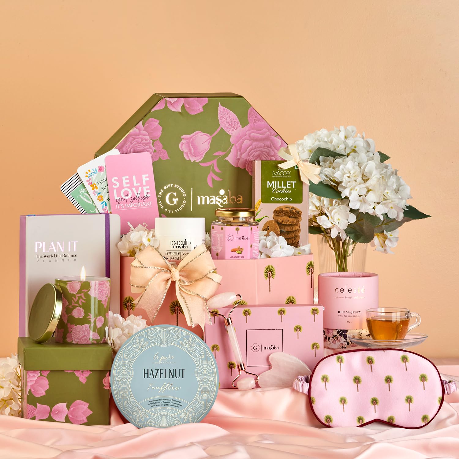 THE GIFT STUDIO.COM | Masaba Self Care Luxury Gift Hamper | Premium Gift Hamper, Designer Pink Box with Premium Chocolates, Wellness Treats, Scented Candle & Self-Care Essentials | Luxury Birthday, Festive, Wedding & Corporate Gifting Box-image-28