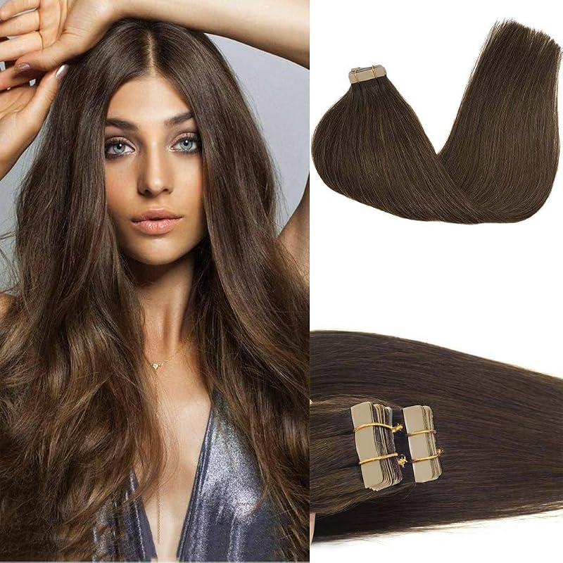 GOO GOO Tape in Hair Extensions Human Hair, 20pcs 50g 20inch, Chocolate Brown Real Remy Hair Extensions Seamless Straight Human Hair Extensions