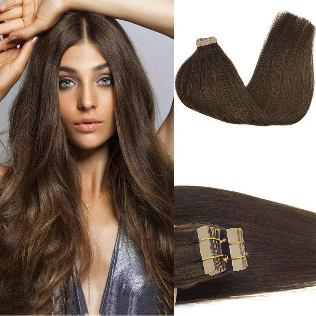 GOO GOO Tape in Hair Extensions Human Hair, 20pcs 50g 16inch, Chocolate Brown Real Remy Hair Extensions Seamless Straight Human Hair Extensions - 1