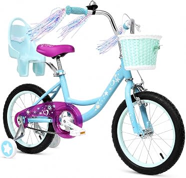 14 16 Inch Kids Bike for Girls Ages 3-7 Training Wheels, Children Bicycle with Basket, Bell, Streamers, Coaster Brake, Adjustable Seat & Saddle, for Beginner Riders, Multicolors