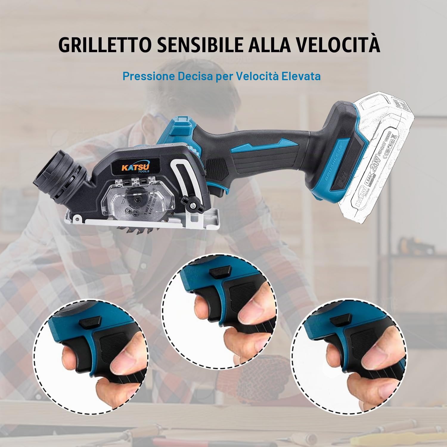 KATSU FIT-BAT Mini Smerigliatrice Angolare 3" Brushless a Batteria, Utensile da Taglio Compatto, 6 Lame Incluse, per Metallo, Legno, Piastrelle e Plastica, Senza Batteria e Caricatore