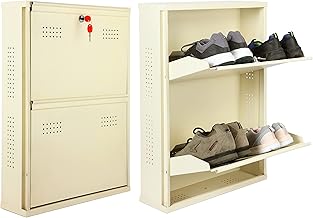 Laxmi KAPAT 2 Door Metal Wall Mounted Shoe Rack Stand for Home with Central Locking, Can Hold Upto 8 Shoes Pair, 3 Year Warranty (28" x 20" x 6" Inch, Ivory)
