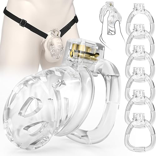 Miniatura 10 de Dispositivo de jaula de castidad masculina, jaula de silicona suave con 6 anillos de tamaño, correas ajustables, bloqueo de pene ligero, control