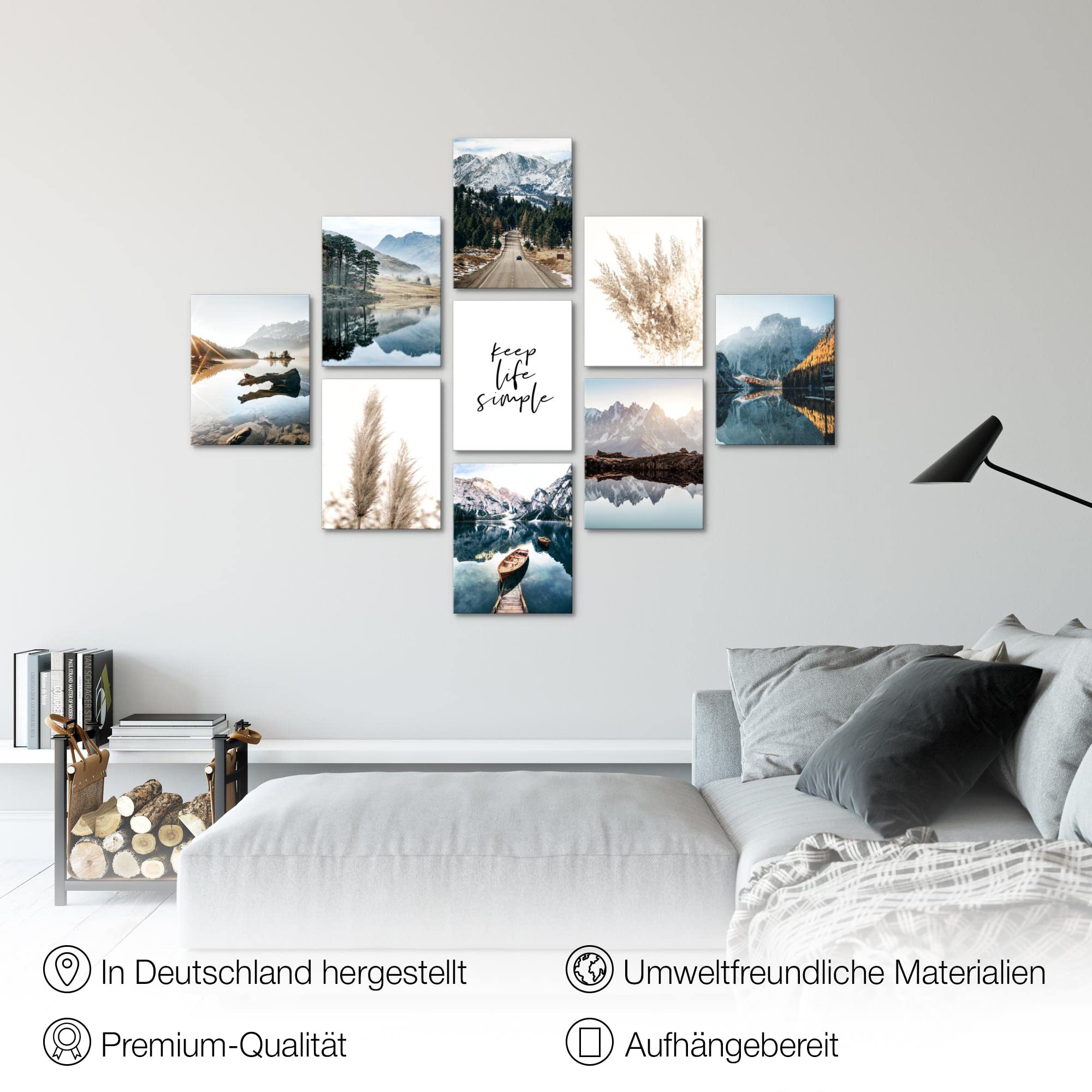 Novart Wandbilder Natur - KOMPLETT AUFHÄNGFERTIG - See Berge Wohnzimmer Schlafzimmer- 9 Moderne Bilder Set - N024891a