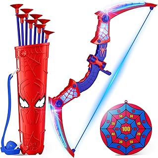 Spider Toys for Boys Age 3-4 4-6 6-8 8-12, Kids Toy BowArrow Shooting Set with Red & Blue LED Lights, Spider Quiver & Web Target, 8 Suction Cup Arrows, Toys Gifts for 3 4 5 6 7 8 9 10 12 Year Old Boys