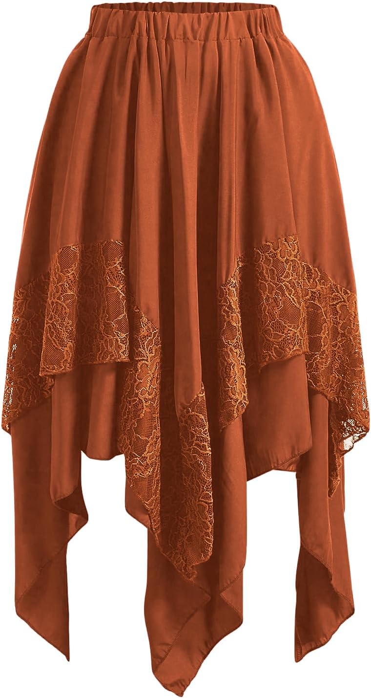 Verdusa Women's Renaissance Flowy Fairy Skirt Y2k Contrast Lace Layered Asymmetrical Midi Skirts