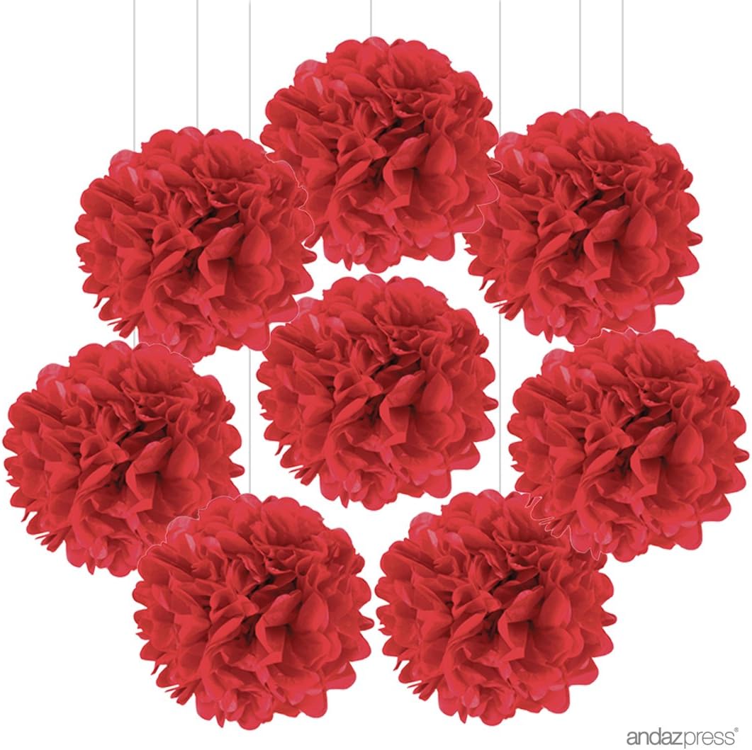 Andaz Press Tissue Paper Pom Poms Hanging Decorations, Red, 6-inch, 8-Pack, Colored Birthday Party Supplies