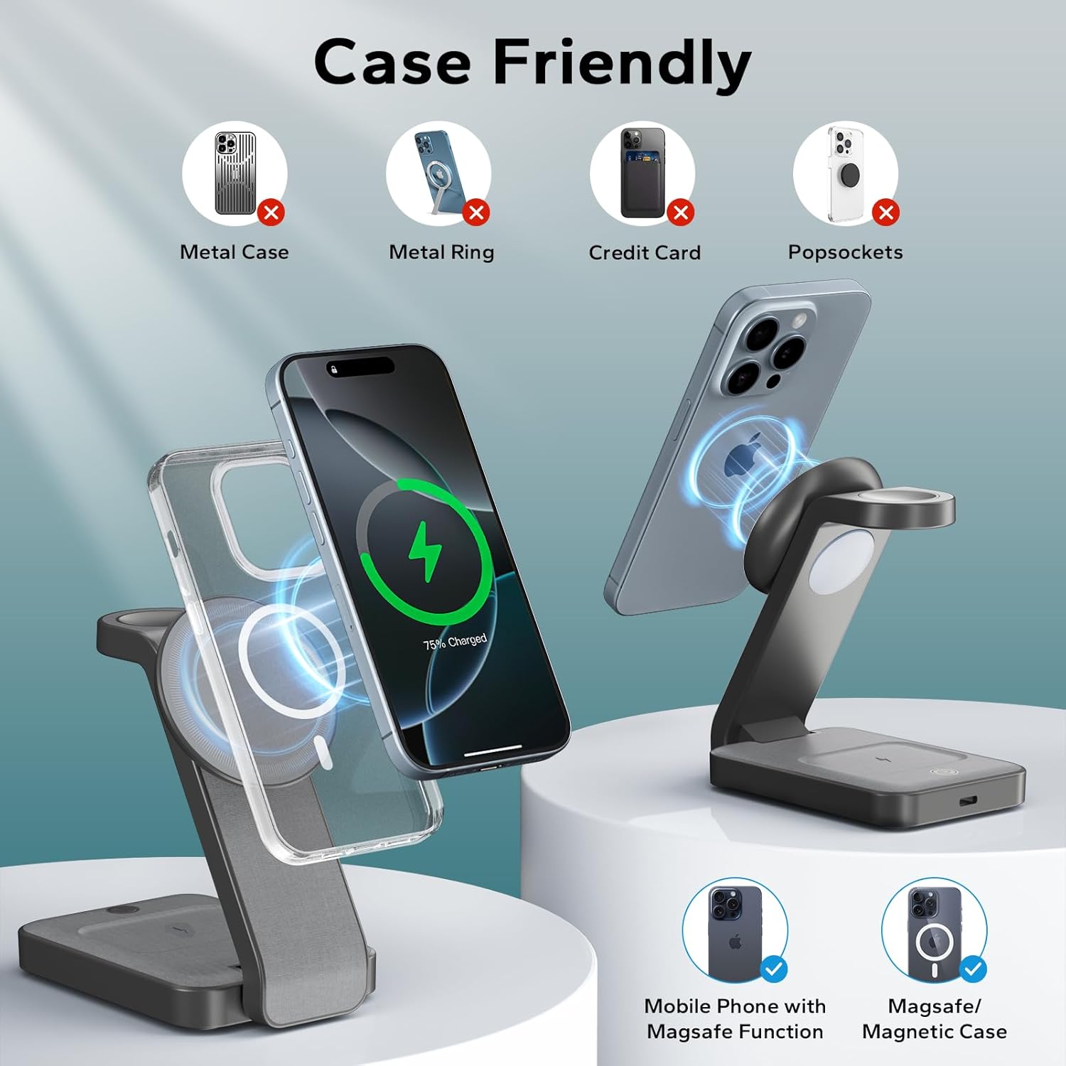 3 in 1 Foldable Wireless Charging Station for MagSafe, Nightstand Magnetic Charger Stand for iPhone 17 16 15 14 Pro Max, Travel Charging Dock with Night Light for Apple Watch/AirPods (Gray) - Image 4