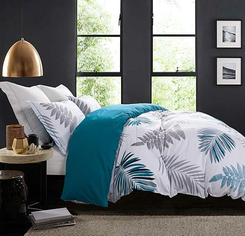 Miniatura 2 de SLEEPBELLA Juego de edredón de tamaño individual, de algodón de 600 hilos, reversible floral azul con patrón de hojas grises y caqui sobre blanco,