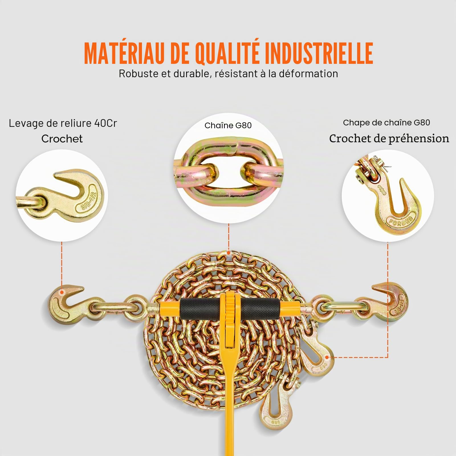VEVOR Kit Tendeur à Cliquet pour Chaîne d'Arrimage 10-12,7 mm avec Chaîne G80 10 mm x 304,8 cm, Charge de Travail Sécurisée 4172 kg, Lot de 2, Crochets de Préhension, pour Camion, Transport, Remorque