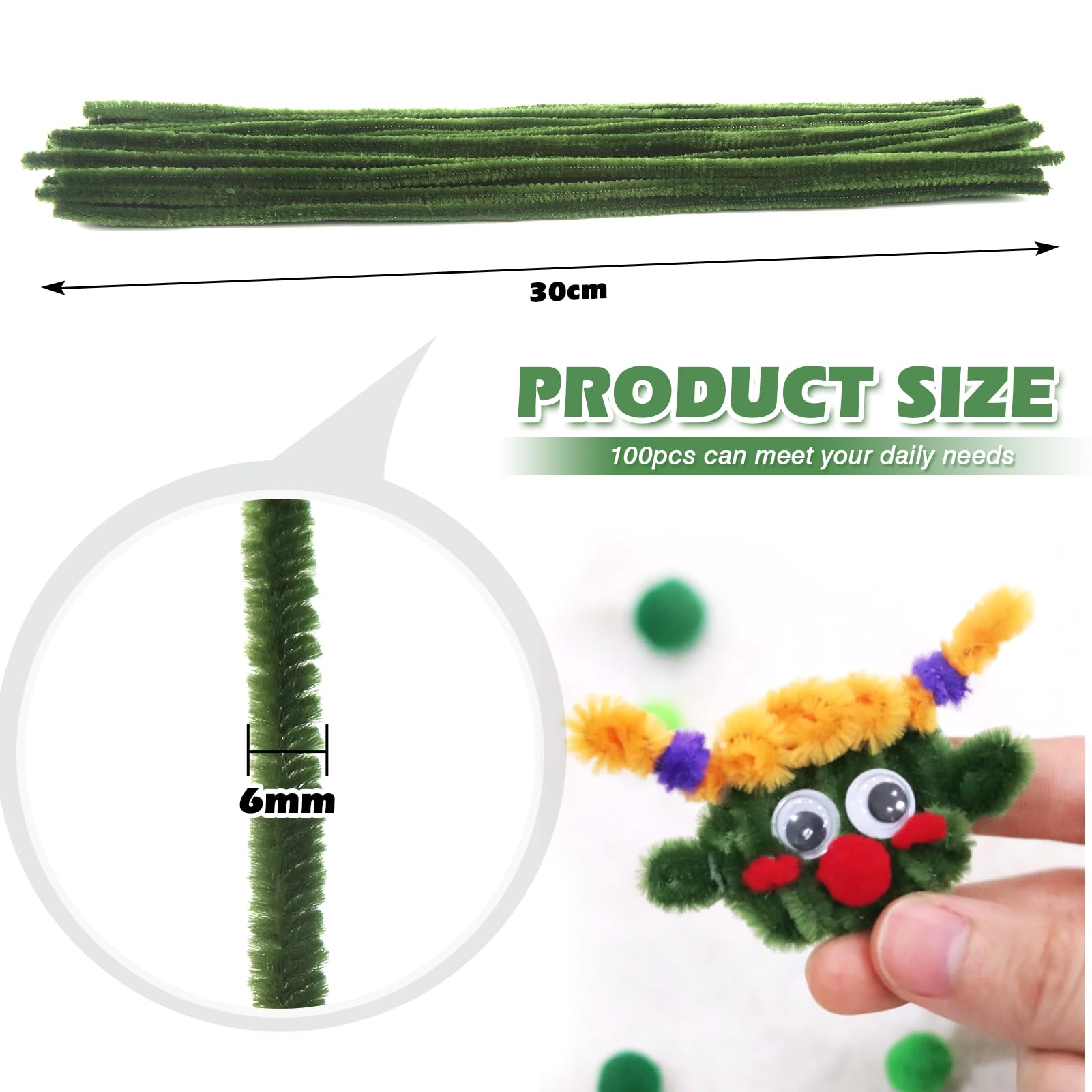TOAOB 100pcs Moss Green Pipe Cleaners for Craft 30cm Long Chenille Stem 6mm Thick Fuzzy Sticks Craft Supplies for DIY Flowers Projects Home Decorations - Image 2