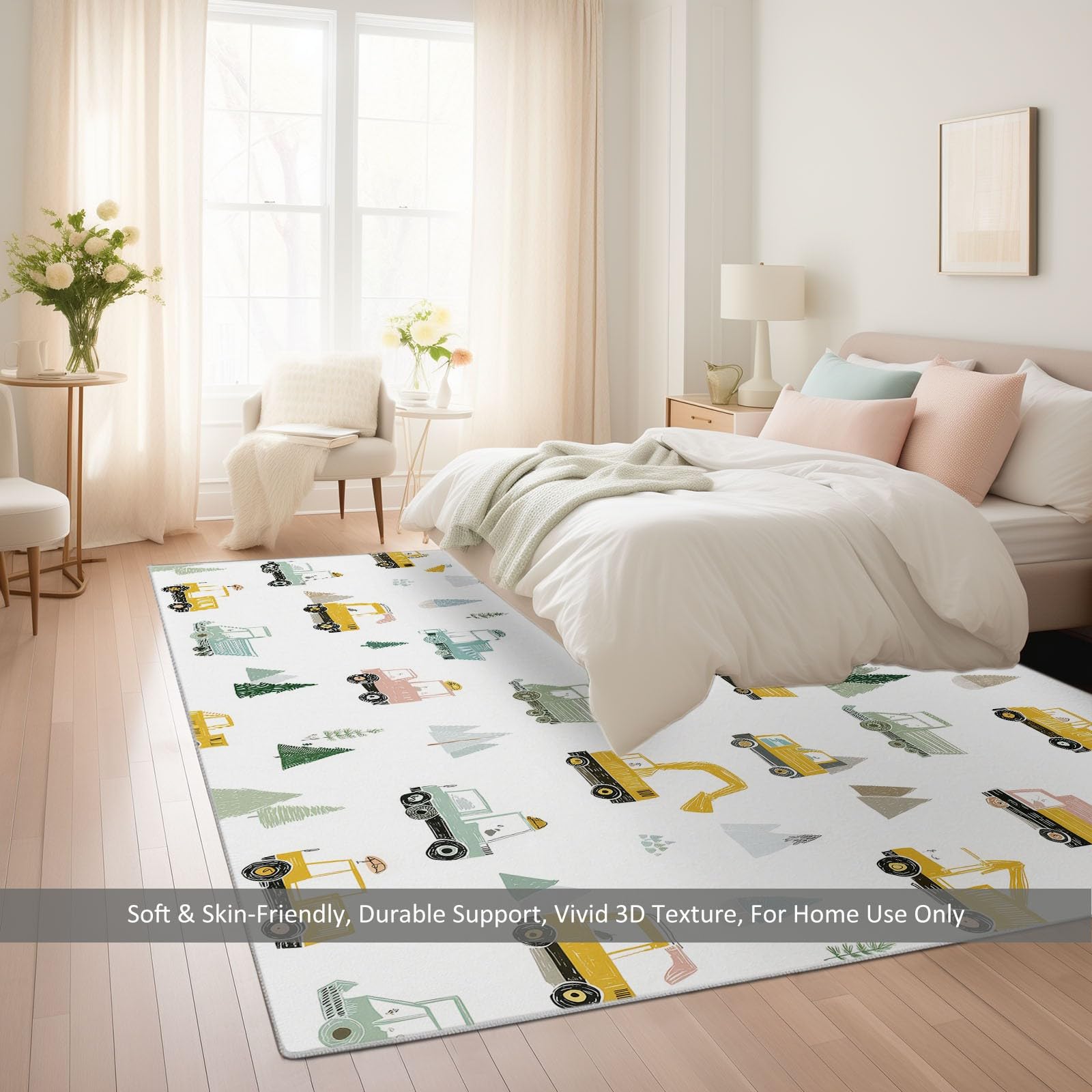 Tappeto Lavabile 80 x 150 cm Cartone Animato Veicolo Costruzione Alberi, Tappeto Antiscivolo Pelo Corto Bianco - Tappeti Antimacchia Resistente, Tappeti per Soggiorno Cameretta Bambini Animali