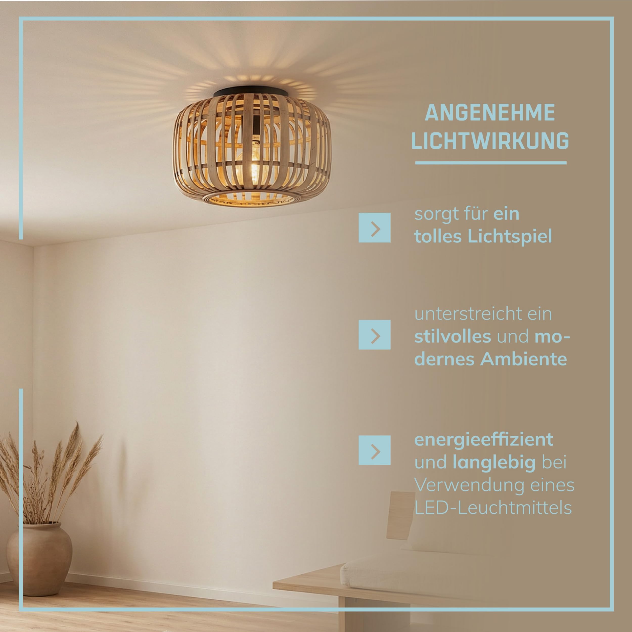 Lightbox Bambus Deckenlampe rund Ø 32 cm, Boho-Stil, E27 Lampe | Natürliche Deckenleuchte fürs Wohnzimmer, Schlafzimmer und den Flur, dekorative Leuchte aus Naturmaterial