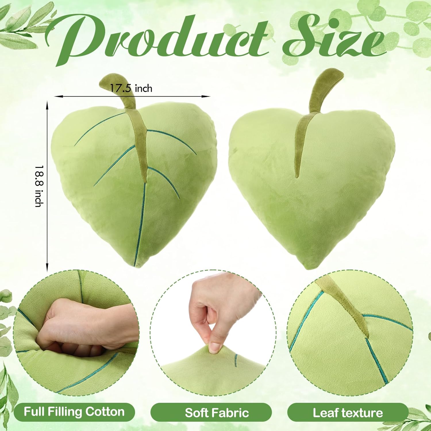 2 Pack 3D Leaf Pillows 19.7" Plush Stuffed Plant Shaped Green Throw Pillow Decorative Cushion Birthday for Plant Lovers Bedroom Sofa Living Room Office Decor