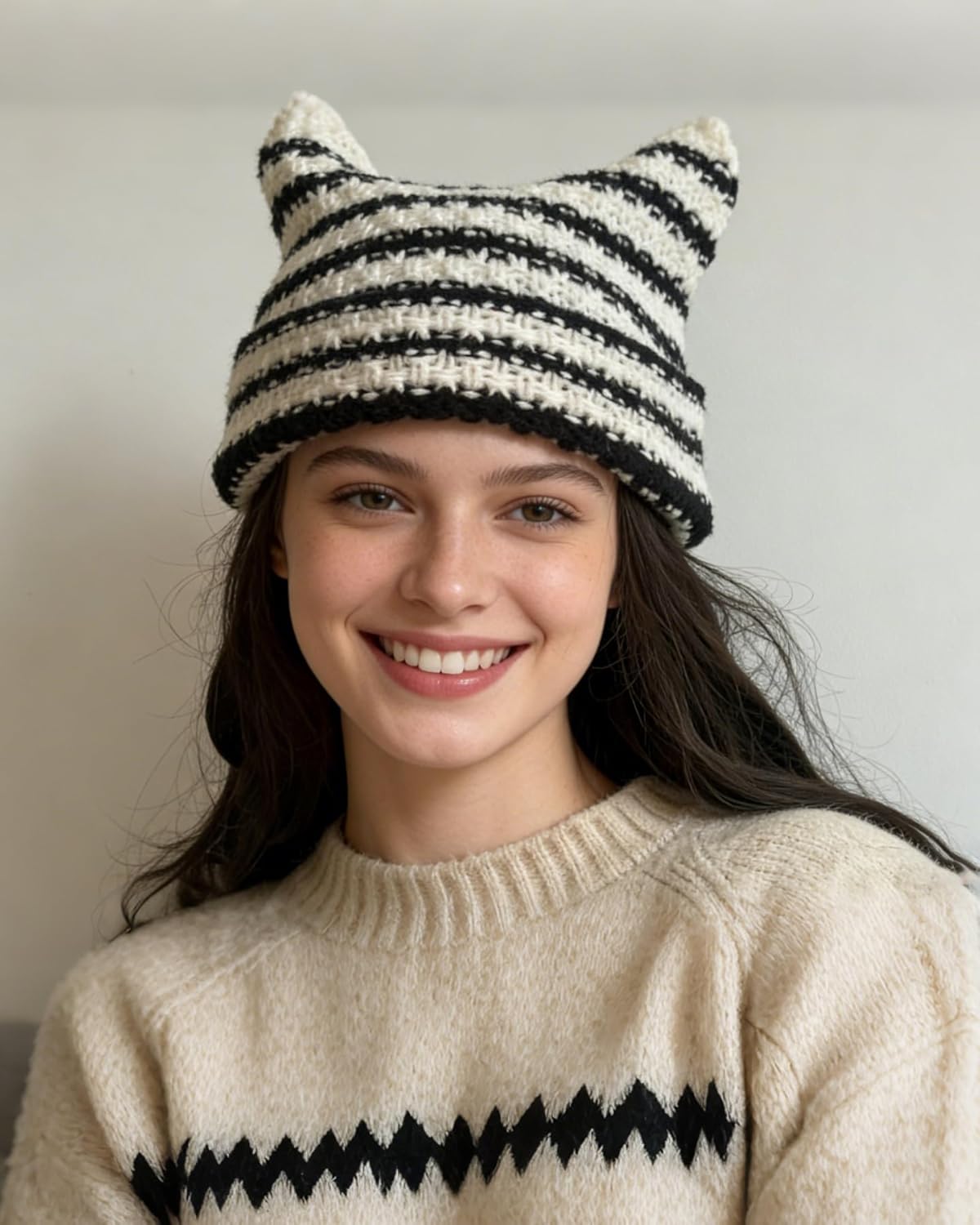 Women Striped Beanie Hat with Little Devil Horn Winter Warm Cap Cute Cat Ears Knitted Hat Fall - Image 3