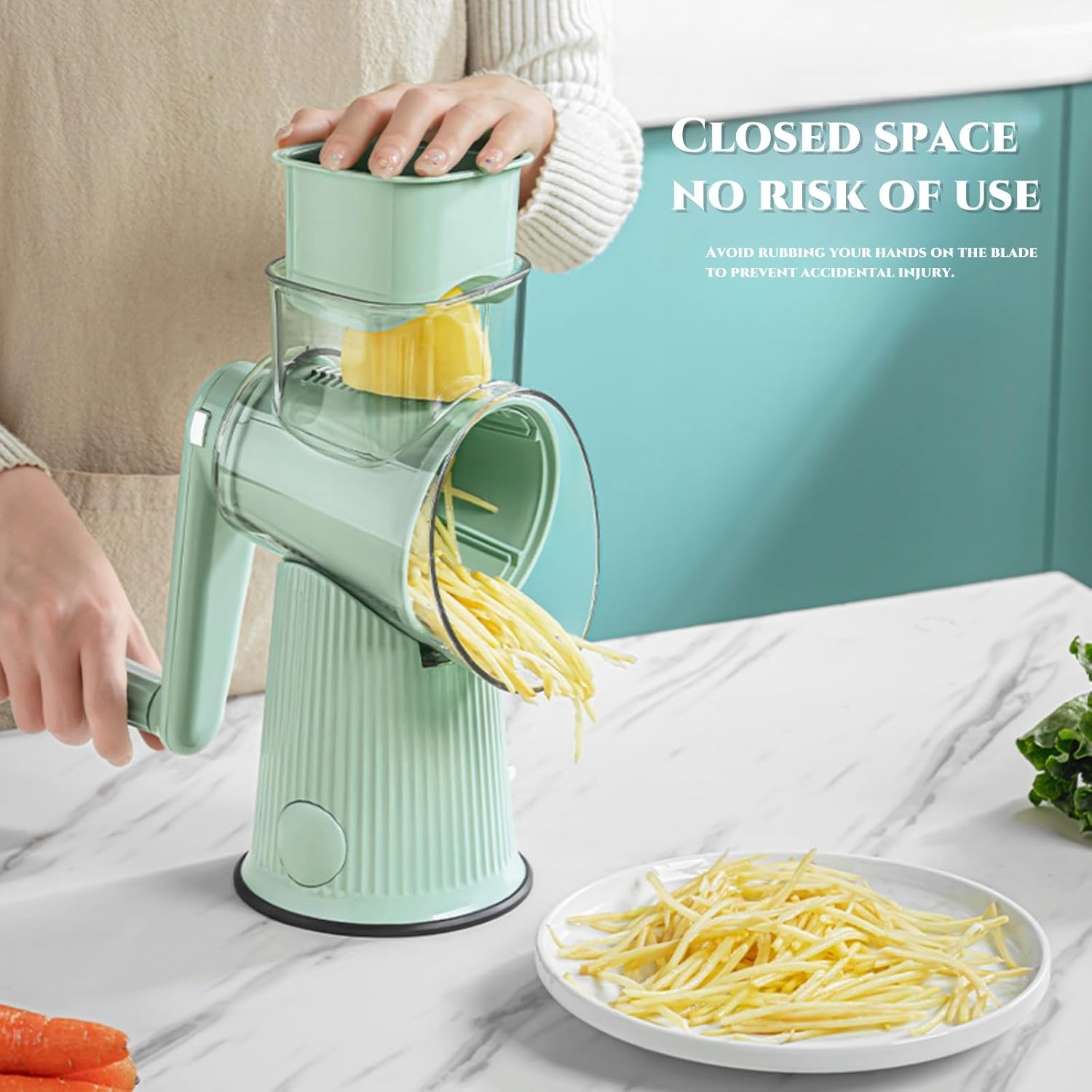 5-in-1 Rotary Grater with Hand Crank - Stainless Steel, Green - Ideal for Cheese, Onion, Apple Slicer, Mandoline Slicer, Chopper Vegetable Cutter - Perfect for Kitchen