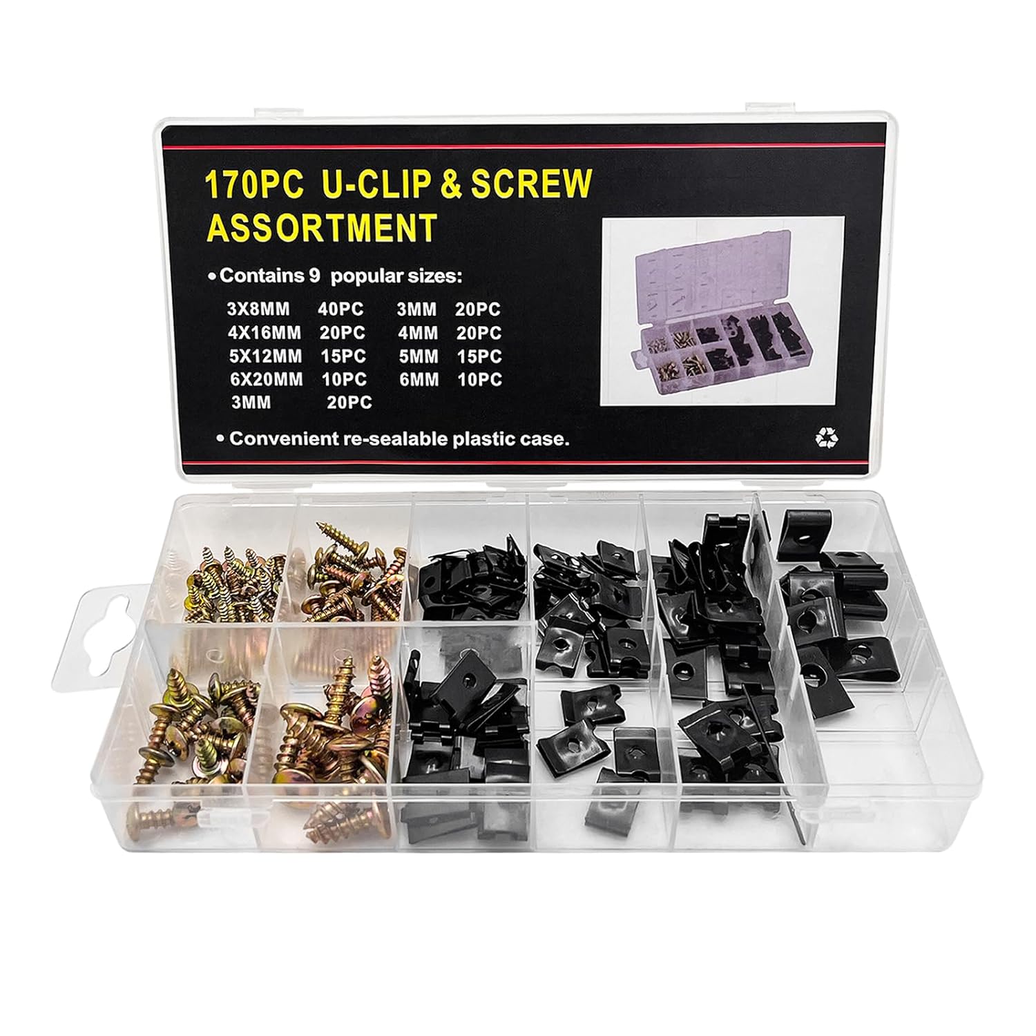 170 PCS Car U-Clip and Screw Assortment Kit Auto U Nut and Screw Clip 9 Sizes Metal Body