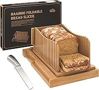Vista 11 de Cortador de pan de bambú, guías de ancho ajustable. Tabla de cortar de madera resistente. Fácil de cortar para pan casero, bagels y más