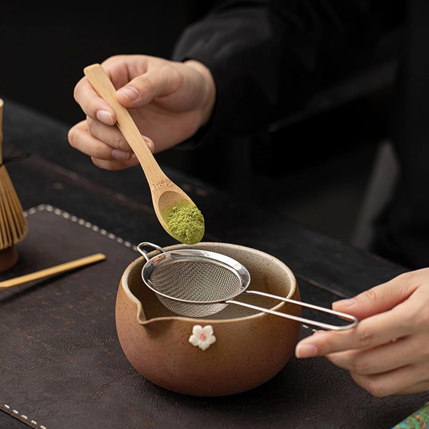 rustic Matcha Set, 8-Piece Stoneware Ceremony Kit with Antique Finish Chawan, Bamboo Whisk, Sifter & Scoop for Authentic Japanese Tea (Brown)