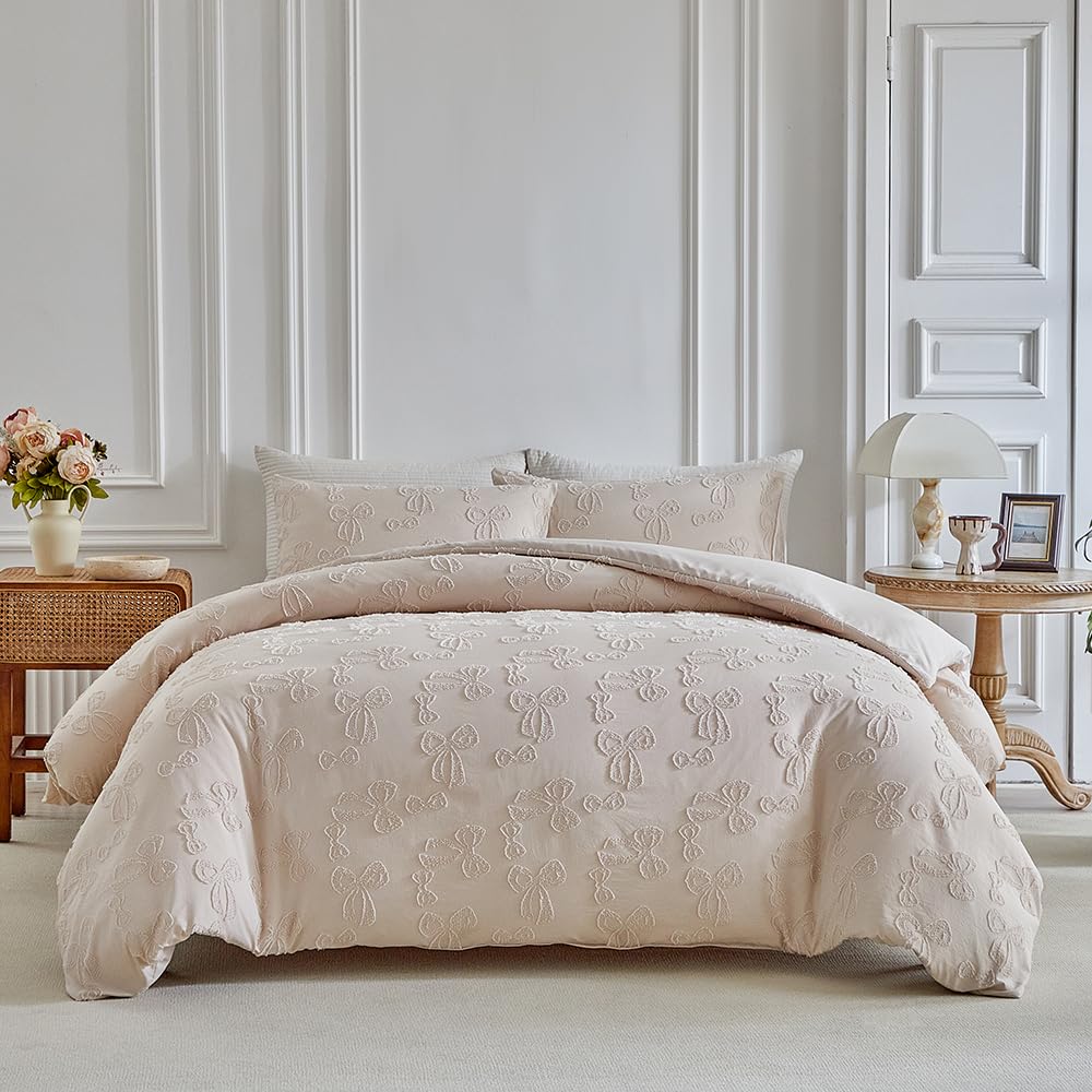 Wajade Bow King Duvet Set with 2 Pillowcases Coverless Duvet with Beige Bow Pattern Washable Reversible All Seasons Lightweight Warm - 220 x 240cm — image 1