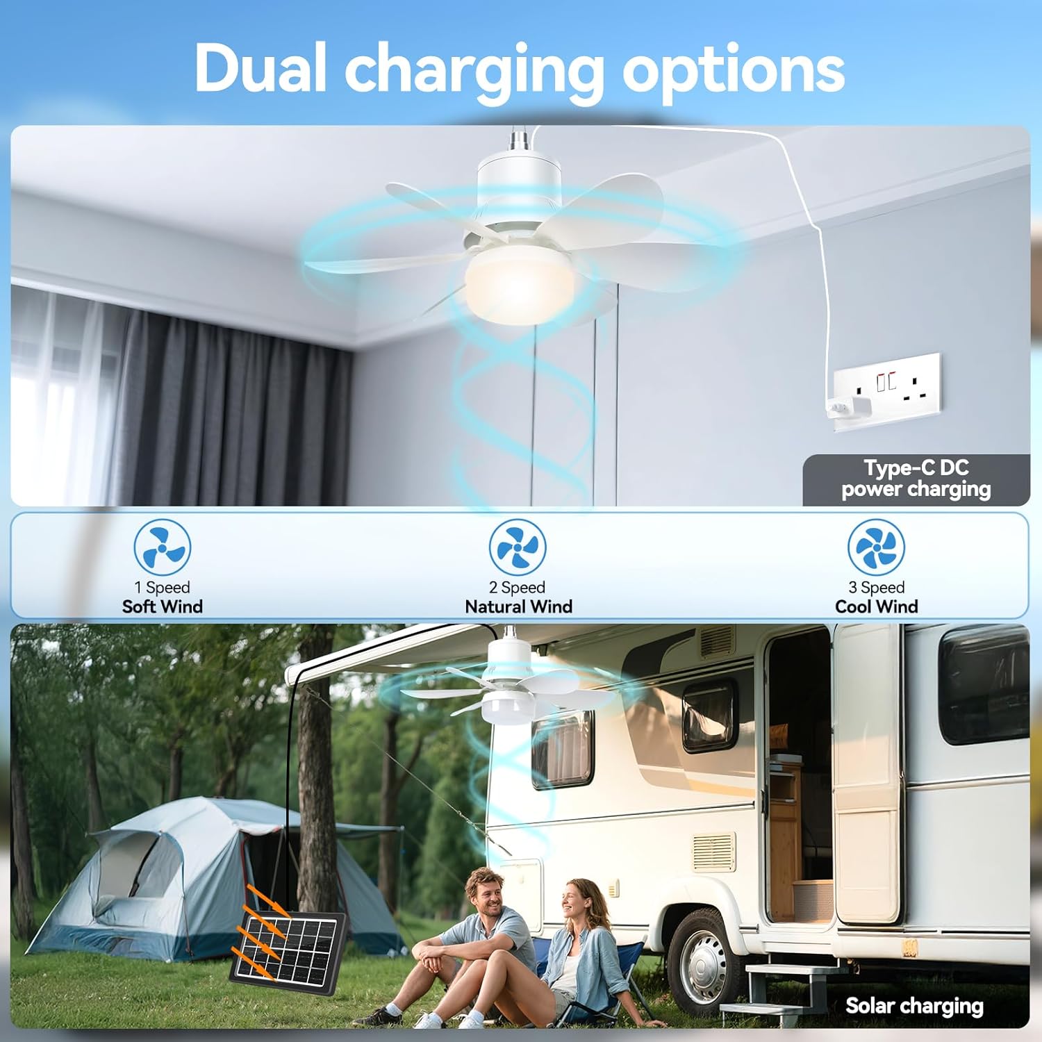 Solar Ceiling Fan Light, Portable Outdoor Solar Fan with Remote Control & Battery for Gazebo, Tent, Patio, Camping, and Chicken Coop