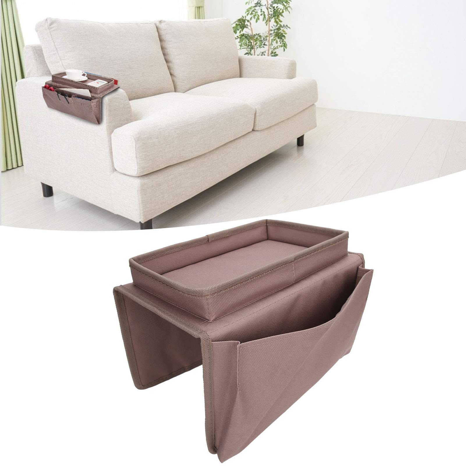 Ejoyous Sofa Armrest Organizer, 4 Pockets Couch Bag for TV Remote Control, Oxford Cloth Armchair Storage with Cup Holder Tray (Coffee) - Image 3