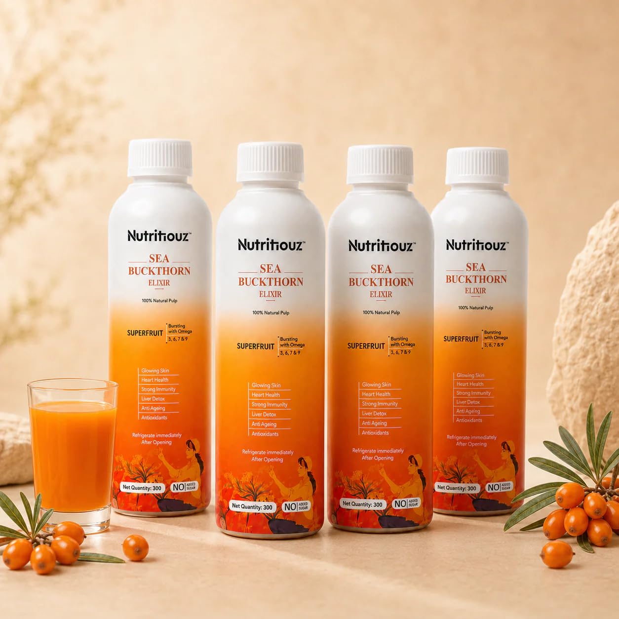 Himalayan Sea buckthorn Elixir – 300 ml | Cold-Pressed Sea Buckthorn Pulp | Rich in Natural Vitamin C, Omegas 3, 6, 7 & 9 | Antioxidant-Rich Herbal Juice for Immunity, Heart Wellness, Skin Radiance & Digestive Health | Pack of 4-image-16