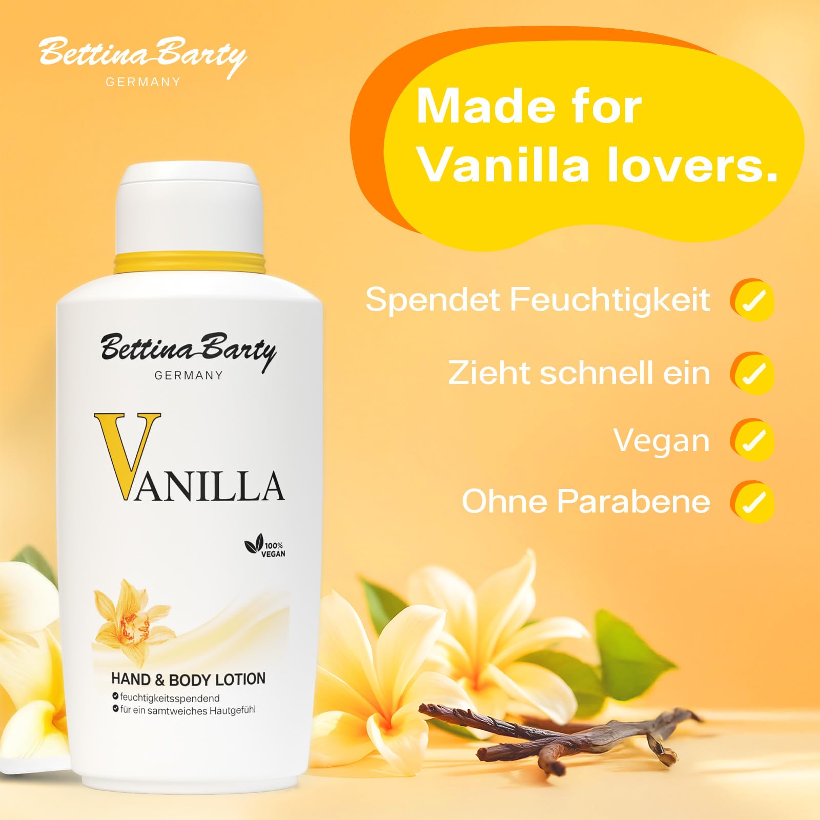 Bettina Barty Vanilla Hand & Body Lotion 12 x 500 ml – Feuchtigkeitspflege mit Vanilleduft für Haut & Hände – Für trockene Haut – Mit schnell einziehender Formel