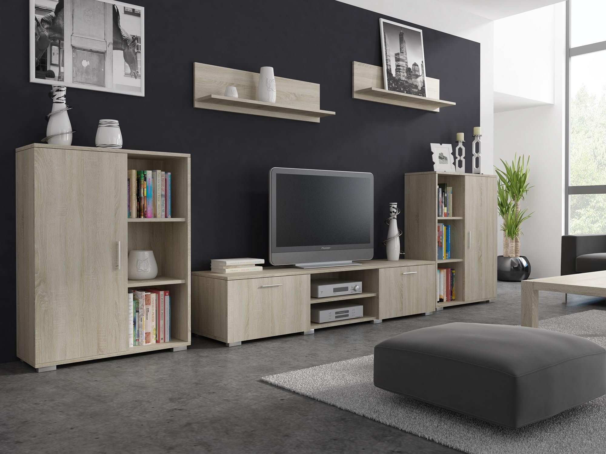 Per la vita Wohnwand Herkules, Schrankwand Wohnzimmer Modern, Wohnzimmerschrank mit Fernsehtisch, Sideboard und Wandregal Wohnzimmer Komplett Möbel - Sonoma