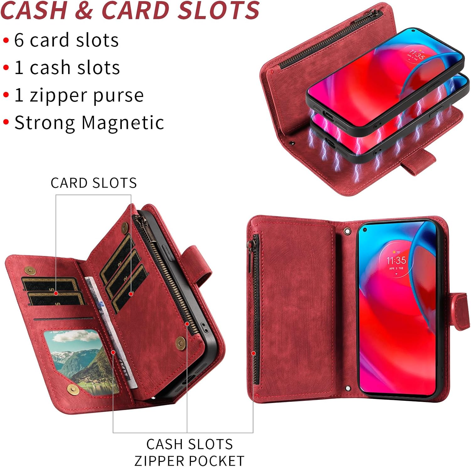 Asuwish Phone Case for Moto G Stylus 5G 2021 Zipper Wallet Detachable Magnetic Cover with Tempered Glass Screen Protector Crossbody Lanyard Card Holder Motorola GStylus G5 XT2131DL Women Men Girls Red