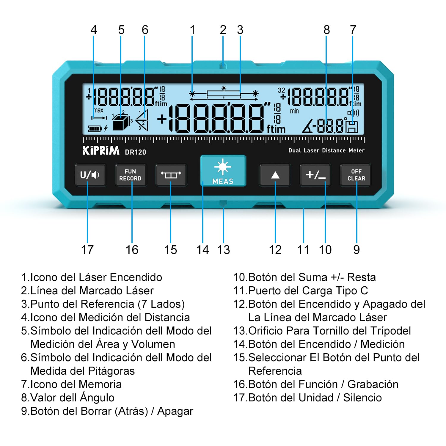 KIPRIM Metro Laser 120m, Telémetro Láser con Doble Haz Bidireccional, Línea Láser Vertical y Nivel Electrónico, Medición en Metros/Pies/Pulgadas, USB-C - DR120