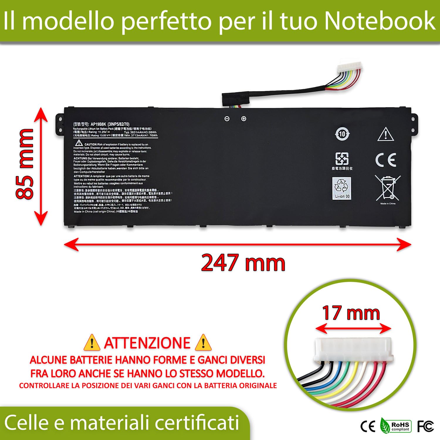 new net - Batteria AP19B8K [11.25V - 3831mAh] Compatibile con Acer Aspire 3 A315-59G-74TN, A315-N19C1, A317-33, A317-33-C151, A317-33-C1BA, A317-33-C2F6, A317-33-C2NY, A317-33-C481