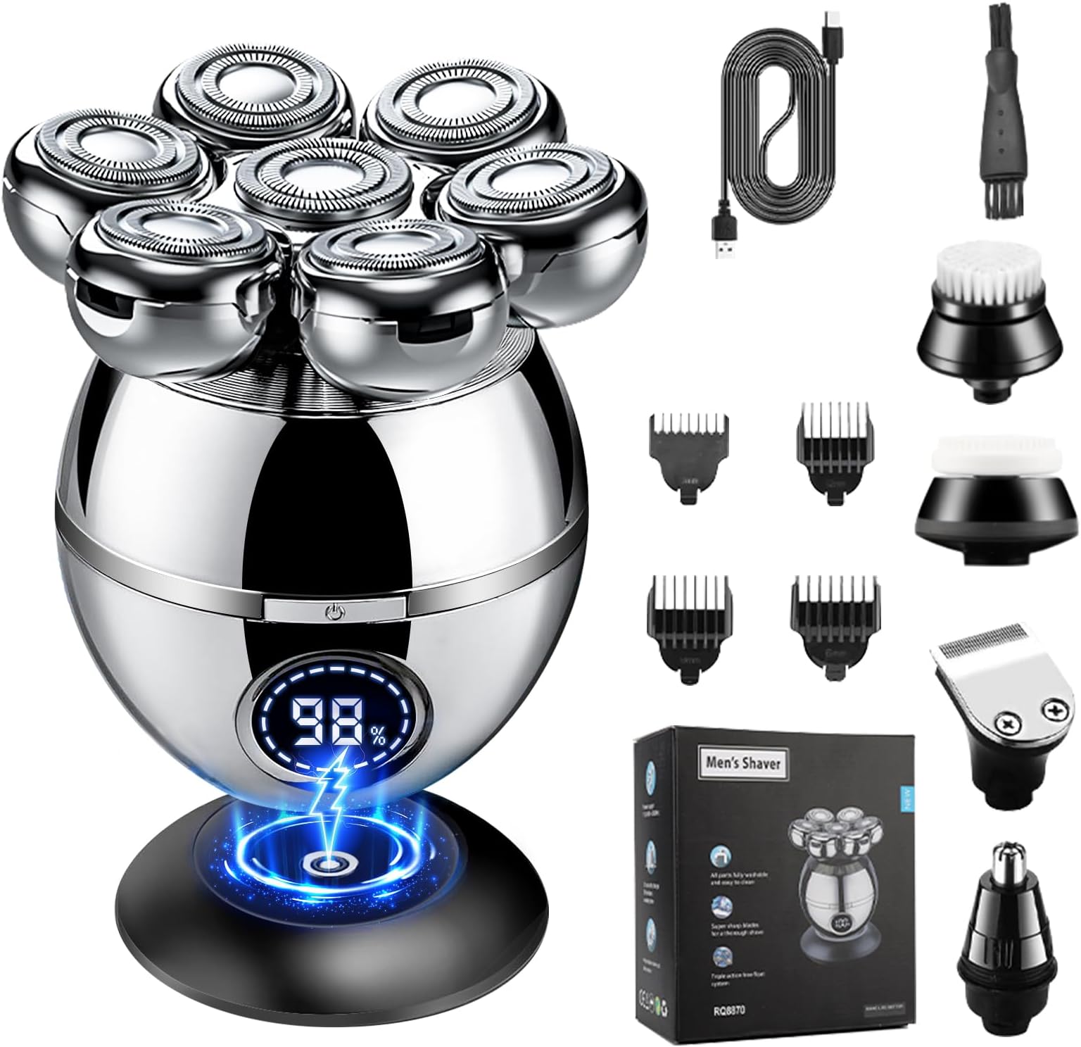 Skull Shavers for Men, 7D Bald Head Razor, 6-in-1 Wet & Dry Rotary Shaver, IPX7 Waterproof Electric Clipper With LED Display, Rechargeable