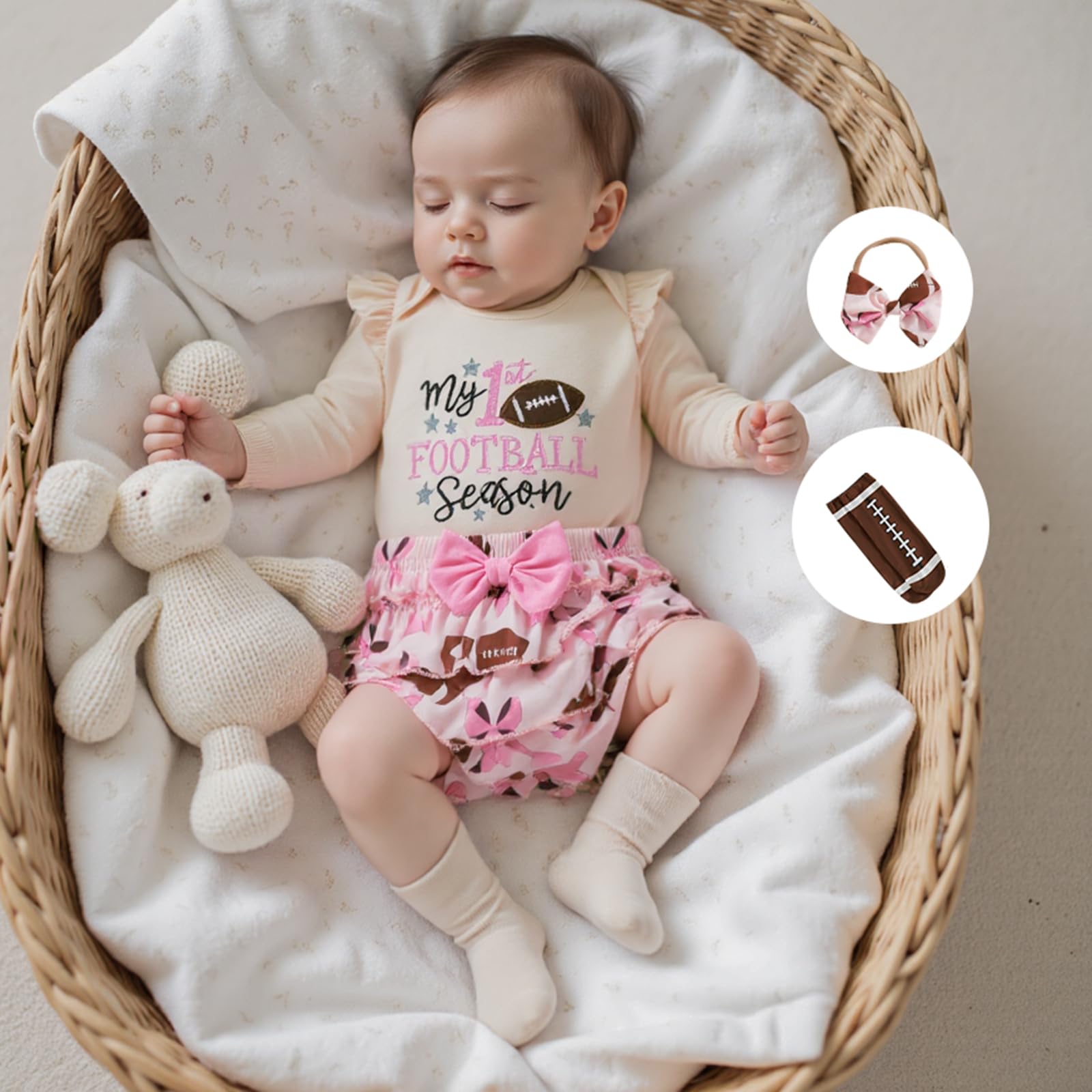 Lamuusaa Newborn Baby Girl Football Outfit Football Season Embroidery Romper Ruffle Shorts Leg Warmers Headband Set (Apricot, 6-12 Months)