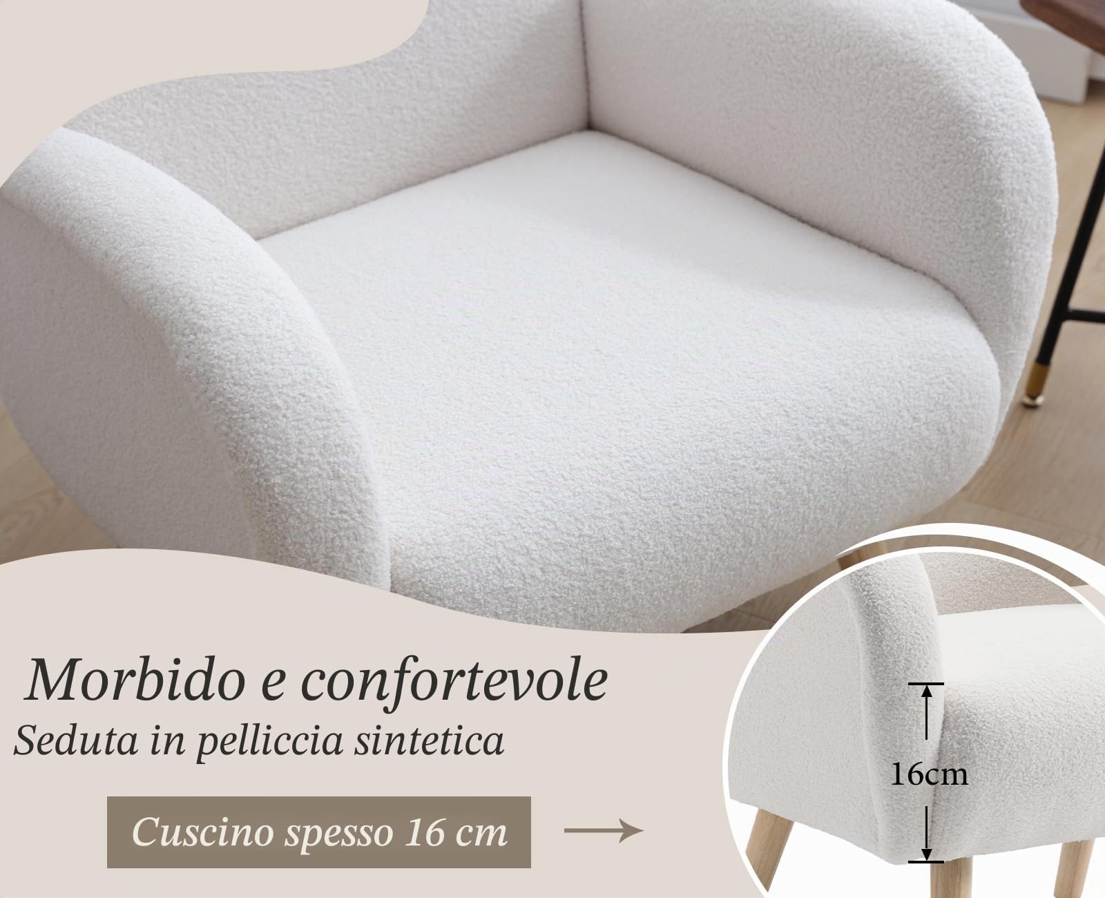 chairus Poltrona da Salotto in Pelliccia Sintetica Poltrone Relax Poltrona da Lettura con Braccioli Poltroncina con Gambe in Legno Poltroncina Imbottita per Soggiorno/Camera da Letto, Bianco
