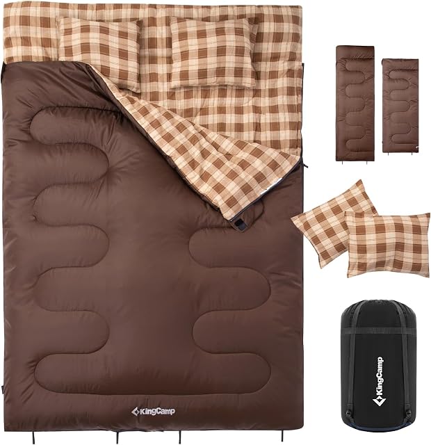 KingCamp Double Sleeping Bag for Adults, Queen Size 2 Person XXL Flannel Sleeping Bag, Waterproof Lightweight Flannel Quilt with 2 Pillows, Perfect for Couples Family Camping Hiking