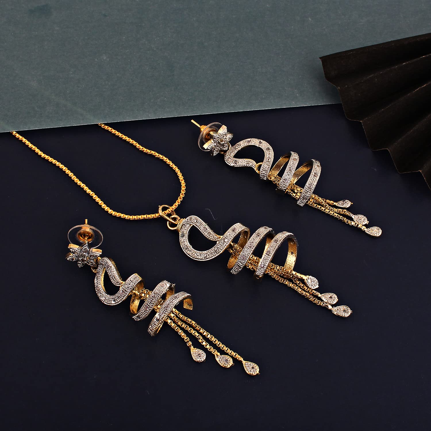 18K Plated AD Spiral Pendant with Earring and Chain Set